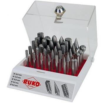 Ruko 116008 Juego de 35 fresas de metal duro con vástago de 6 mm en vitrina de plástico, Negro
