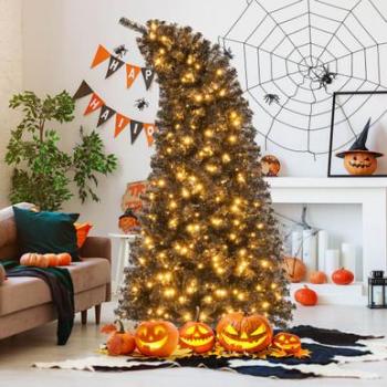 7 FT Black Prelit LED Full Black Spruce Artificial Christmas Tree with 340 Alternating Warm White Lights and Bendable Top Section