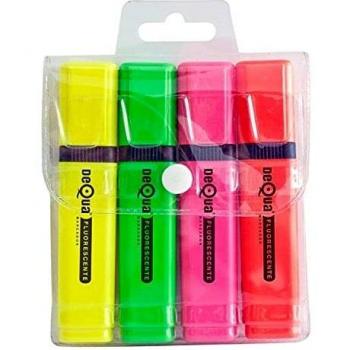 Blister 4 marcadores fluorescentes Dequa amarillo verde naranja y rosa
