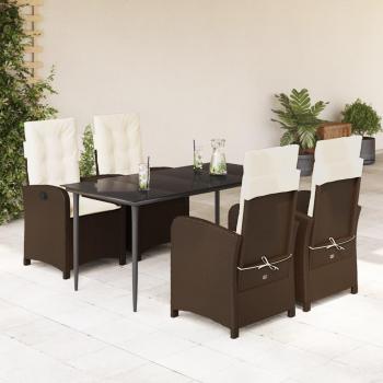 5-Piece Brown Poly Rattan Garden Dining Set with Cushions