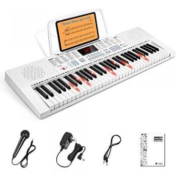 Vangoa Teclado de Piano Eléctrico 61 Mini Teclas Iluminada Digitales Teclado Piano con micrófono, 3 modos de enseñanza, 350 tonos, 350 ritmos, 30 canciones de demostración, Blanco