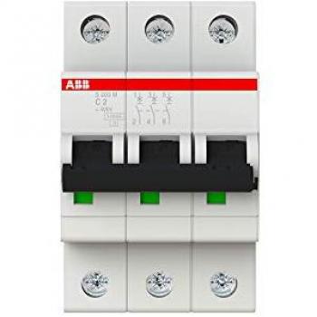 Interruptor automático ABB S203M-C2, 3 polos, 2 A, Curva Tipo C, Poder de corte 10 kA, System Pro M Compact, Montaje en Carril DIN