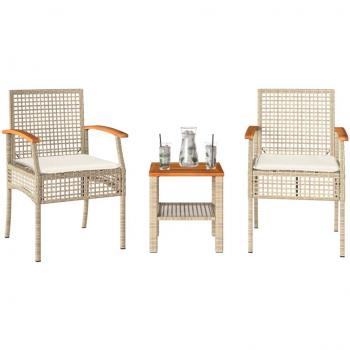 Beige Poly Rattan Acacia Wood 3-Piece Bistro Set with Cushions
