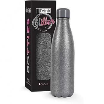 Botella Térmica i-Drink Glitter Plata 500ml Acero Inoxidable Sin BPA