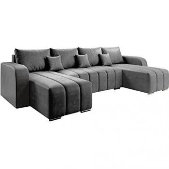 Sofá rinconero Muncie 108, gris, con función de descanso y caja de ropa de cama, dimensiones 313x147x86cm
