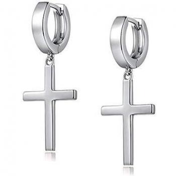Pendientes de aro Huggie en forma de cruz de 14Q, pendientes con forma de cruz minimalistas y colgantes Pendientes de aro en forma de cruz delicados, 1.18 ’’
