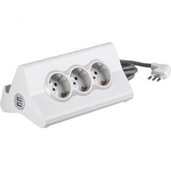 Multipresa de Escritorio BTicino S3713DBU, 10A, 3 Tomas P30, 2 Puertos USB, Cable de 2m, Color Blanco