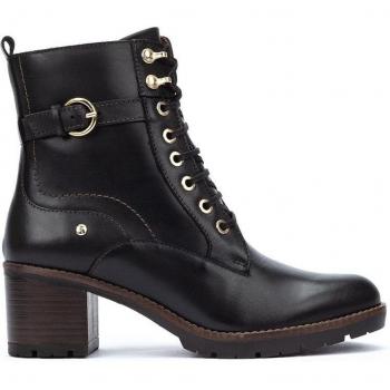 Pikolinos Llanes Botines para Mujer de Piel Negros con Tacón de 6cm, Diseño Moderno, Cordones y Cremallera Lateral