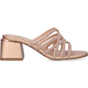 Sandalia Exé para mujer en color metal con tacón, modelo Carmen-246, adornos de strass en tonos dorado y rosa