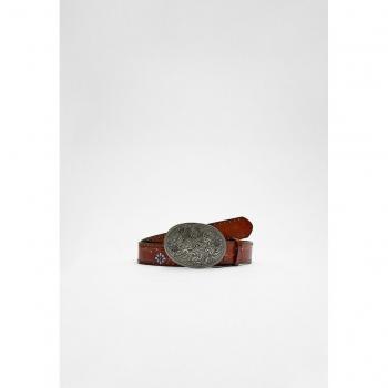 Floral Western Belt with Plate Buckle - Pale Camel 80 cm Female