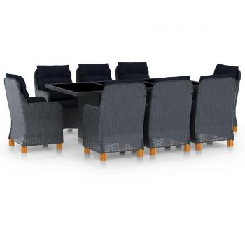 Set de comedor de jardín 9 piezas con cojines de Polyrattan gris oscuro