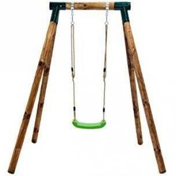 MASGAMES | Columpio de Madera Individual Kila | Asiento plástico Plano con Cuerdas Regulables | Madera tratada | Anclajes incluidos | Uso doméstico |