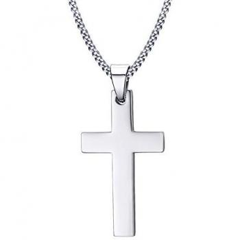VNOX Hombres de Acero Inoxidable Sencilla Cruz Collar con Cadena de 60 cm de Plata Cubana