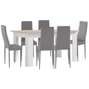 Pack Mesa de Comedor o Cocina Blanca con 6 Sillas de Polipiel y Metal Gris