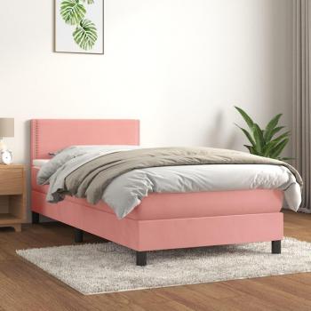 Cama box spring con colchón de muelles en terciopelo rosa 80x200 cm