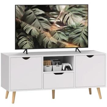 Mueble de TV Homcom Blanco con Cajón, 2 Puertas, Estante Abierto y Patas de Madera para Televisores hasta 50 Pulgadas - 110 cm