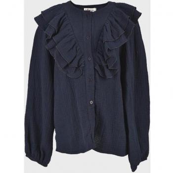 Blusa de niña azul marino de algodón con volantes