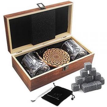 AYAOQIANG Juego de Vasos de Whisky - 16 Caja de Regalo de Piedra de Whisky - Clips de Rocas escocesas, Posavasos, Piedras de refrigeración y Gafas de Bar - Caja de Regalo de Madera
