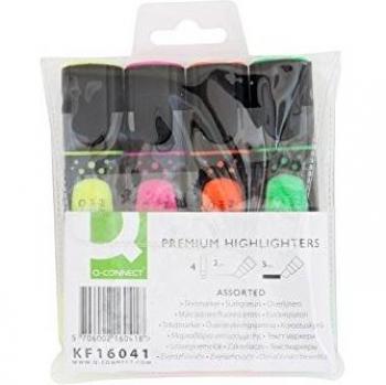 Q-Connect Rotulador Fluorescente Premium Estuche De 4 Colores Surtidos Punta Biselada Con Sujeción De