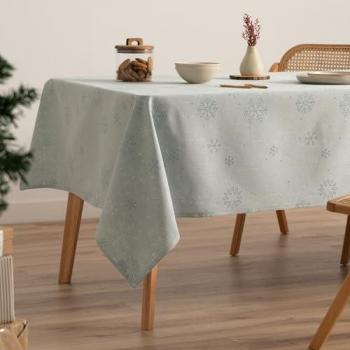Mantel Rectangular Jacquard de Algodón para Navidad con Diseño de Copos de Nieve en Agua y Plata 140x200 cm