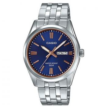 Reloj analógico Casio MTP-1335D-2A2V, correa de acero inoxidable, esfera azul/bronce