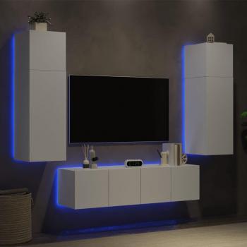 Muebles de TV de pared blancos de madera con LED, 6 piezas