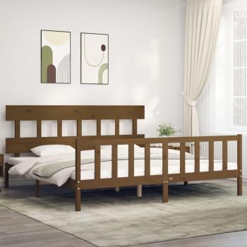 Cabecero de lana redonda con ámbar 200x200 cm en madera maciza y estructura cama de madera maciza marrón miel 200x200 cm