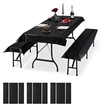 Set de 12 Manteles y Fundas para Mesa y Bancos de Jardín, 250x55 cm, Fáciles de Limpiar, Color Negro