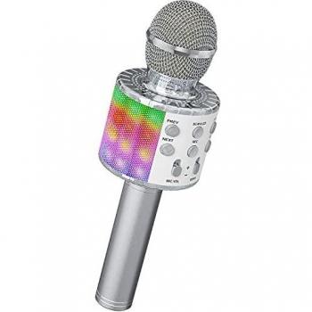 Ankuka Micrófono Inalámbrico de Karaoke 4 en 1, Micrófono Bluetooth de Mano, Máquina de Karaoke con luces LED de Baile, Reproductor de KTV para el Hogar, para Fiestas y Niños Cantando, Plateado