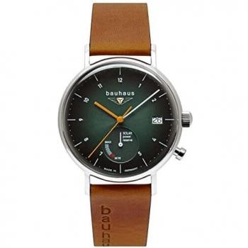 Bauhaus Men's Solar Watch with Power Reserve Indicator, Waterproof 5 ATM, Green and Brown Leather Band