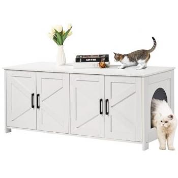 Dual Room Wooden Cat Litter Box Enclosure for 2 Cats, Hidden Litter Box Furniture, Fits Most Litter Boxes