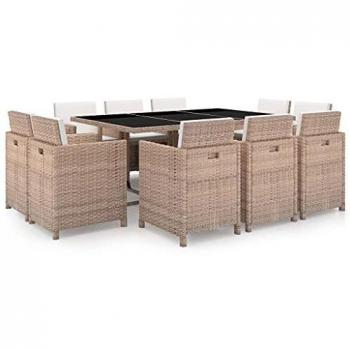 11-Piece Beige Poly Rattan Outdoor Dining Set with Cushions