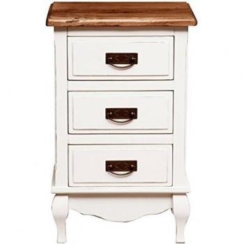 Mesita de Noche Country Vintage de Madera Maciza de Tilo, Acabado Blanco Envejecido y Efecto Nogal - 70x45x36 cm