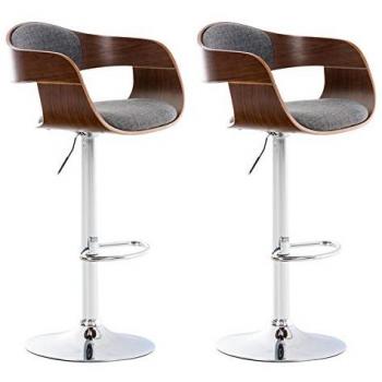Set de 2 Taburetes Altos Kingston con Estructura de Madera y Tapizado en Tela Nuez/Gris Claro, Ajustables en Altura y Giratorios
