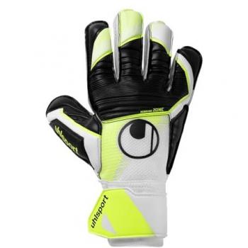 Uhlsport Guantes de Portero Soft Advanced, características: diseño en blanco y amarillo flúor, disponibles para niños y adultos, talla 4.5