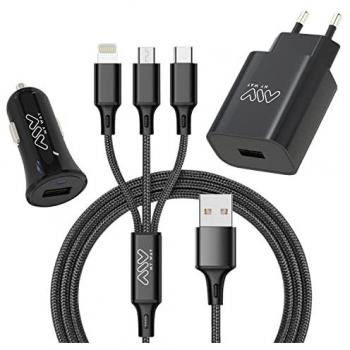 Pack Cargador de Coche USB + Cargador de Casa USB + Cable 3 en 1 Micro USB, Tipo C y Lightning Negro