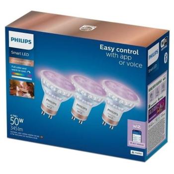 Bombilla Inteligente Philips Smart LED GU10, 4.7W, RGB, Wi-Fi+Bluetooth, Control App+Voz, 3 unidades