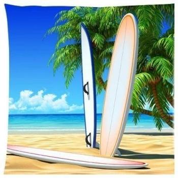 surfboards sand beach palm trees sea waves blue sky clouds Zippered Pillow Cases Cover Cushion Case 18x18 Inch