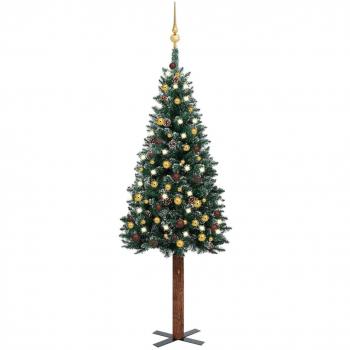 Árbol de Navidad Artificial Estrecho con Luces LED y Bolas Verdes 150 cm