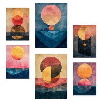 Set de 6 Pósters Abstractos de Lunas Doradas para Decoración de Paredes - Ilustraciones Modernas en Tamaños A3 y A4 Sin Marco