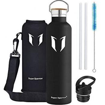 Super Sparrow Botella Agua Acero Inoxidable - Botella Agua Niños - 1L - Botella Termica Boca Estándar - Sin BPA, para Niños & Adultos, Deporte, Oficina, Yoga, Ciclismo