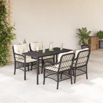 5-Piece Black Poly Rattan Garden Dining Set with Cushions
