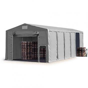 Carpa almacén Toolport 8x12 m, altura lateral 3,6 m, PVC 850 gris, 100% impermeable, con puerta levadiza