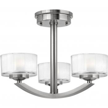 Lámpara de techo Meridian, níquel cepillado, vidrio, tres brazos, semi empotrada, 3 luces, G9