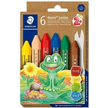 Crayones de cera gruesos Noris Junior Staedtler, estuche de 6 colores surtidos, extra bruchsicher y diseño ergonómico