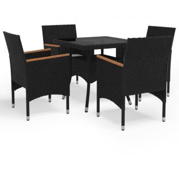 5-Piece Black Poly Rattan and Acacia Garden Dining Set