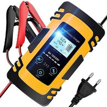 TOPERSUN Cargador de Baterías Coche 12V/24V 8A Automática Protección Portátil Inteligente Coche Cargador Rápid con Pantalla LCD Digital para Motos Automóviles Barco