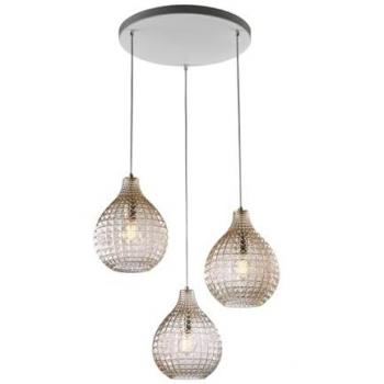 Lámpara de Suspensión Moderna de 3 Luces con Diseño de Diamante en Hierro Blanco y Vidrio Ámbar Soplado
