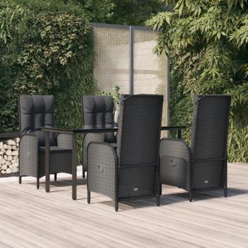 5-Piece Black Poly Rattan Garden Dining Set with Cushions