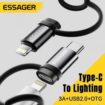 Adaptador USB C a Lightning Essager 3A Carga Rápida OTG para iPhone 15, XR, Pro - Convertidor OTG C hembra a IOS macho negro
